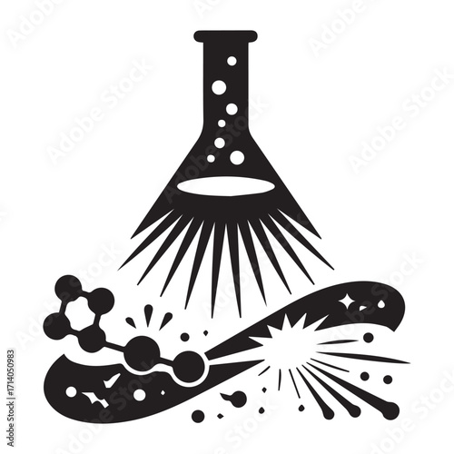 Abstract black and white illustration of a science flask emitting light rays illuminating a molecular structure and chemical reaction