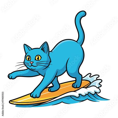 Surfing Cat: A whimsical illustration captures a vibrant, blue cat surfing gracefully atop a wave. the sun, the board, and the dynamic energy of this feline's adventurous spirit!