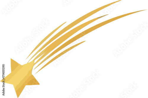 Golden shooting star graphic element with trailing lines moving across a clean white backdrop, creating a sense of wonder and perfect for holiday or celebration themed designs.