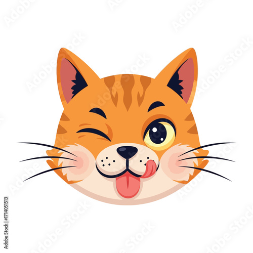 Cheerful Cat Face with Wink: A playful, cartoonish cat face winks, revealing its tongue in a delightful expression, perfect for conveying fun, mischief, and lightheartedness.