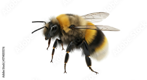 Isolated bumble bee close up in high detail showing yellow, black, and grey color fur