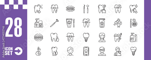 Dental care icon set collection of linear symbols related to dentistry, oral hygiene, and tooth health vector illustration of dental equipment and procedures
