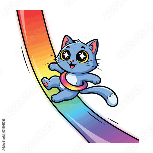 Playful Cat Sliding Down Rainbow: A cheerful cartoon cat sliding down a vibrant rainbow slide. Whimsical, fun, and perfect for children’s projects. 