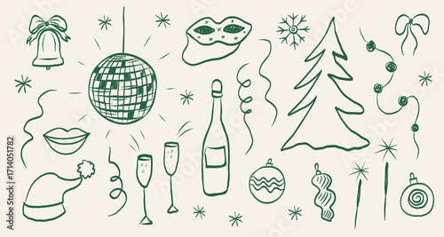 New Year party doodle on isolated background. Disco hand drawn in free style. Festive sketch with mask, Christmas tree, glass decorations, streamers, fireworks, champagne, sparklers, snowflake. Vector