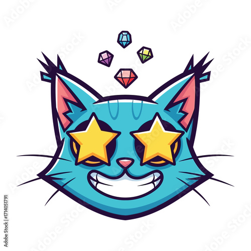 Stellar Cat: An adorable cartoon cat, adorned with star-shaped eyes, smiles radiantly with a dazzling display of gems. This eye-catching illustration embodies playful exuberance.