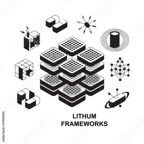 Abstract isometric illustration of interconnected data blocks and digital network nodes representing complex technological frameworks and abstract data structures