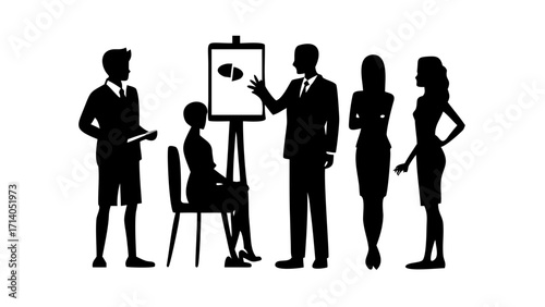Silhouette illustration of a business presentation with people and a whiteboard with pills on it