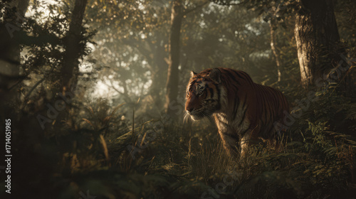 A majestic tiger walks silently through a dense forest. Dappled sunlight filters through the trees, casting a warm, golden glow on the tiger’s fur and the lush foliage. The scene captures the beauty a