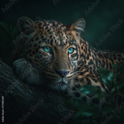 A leopard in the jungle. The predator is hiding among dense foliage and is intently looking straight at the camera. Water droplets are visible on the leaves in the foreground