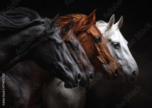 Herd of different colourful horses —black, white, and chestnut—run side by side against a deep black background. 