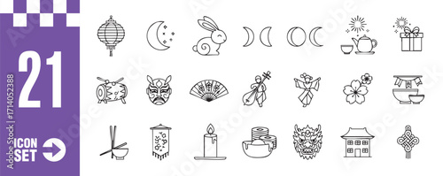 Chinese new year icon set collection of linear chinese new year icons lantern, moon, rabbit, tea, tiger, flower, fan, gift, candle, chopstick, ornament, decoration, culture, china