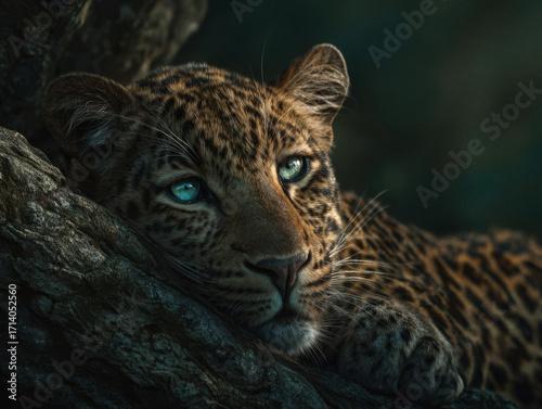 A leopard in the jungle. The predator is hiding among dense foliage and is intently looking straight at the camera. Water droplets are visible on the leaves in the foreground