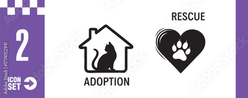 A set of adoption and rescue icons featuring a cat in a house and a heart with a paw print, symbolizing pet adoption and animal rescue efforts