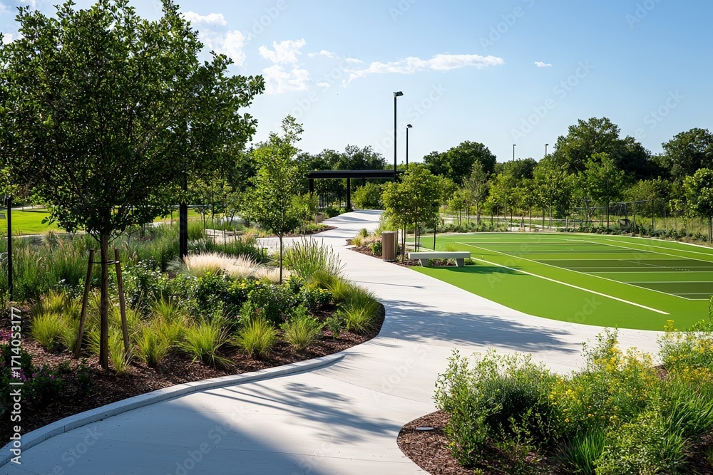 Fototapeta premium Outdoor park with tennis court and lush greenery in bright sunlight