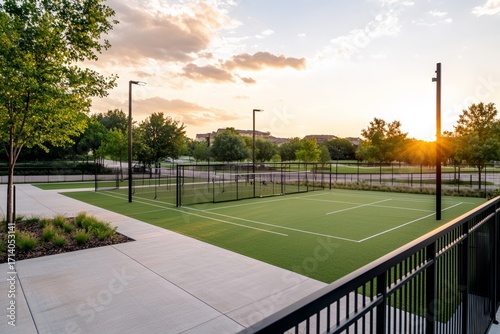 Wallpaper Mural Sunset view of modern outdoor tennis court with lush greenery and urban landscape Torontodigital.ca