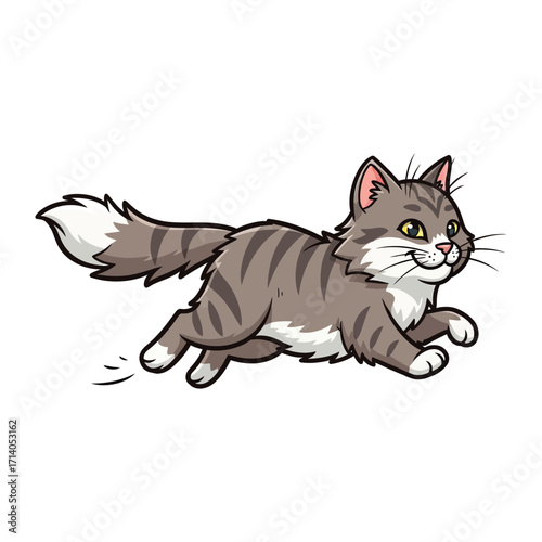 Happy Cat in Motion: A whimsical illustration captures the joy of a gray cat in mid-leap, with a friendly expression and a playful demeanor that embodies feline agility.