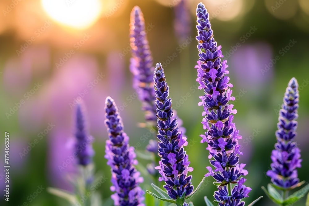 Obraz premium Sunlit purple lavender flowers in bloom at golden hour