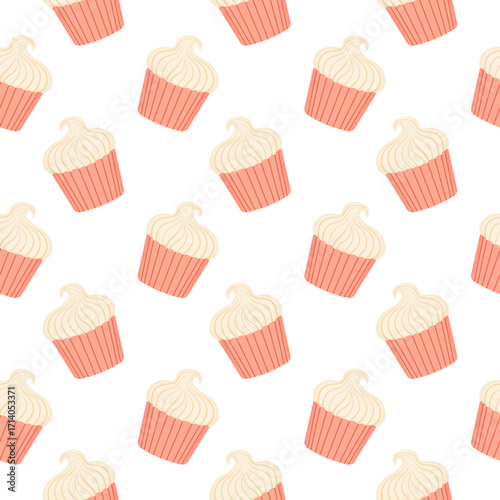Seamless birthday and Valentine's Day pattern for packaging and wrapping paper. Vector illustration. Cupcake with cream in pink packaging on a white background. Ornament. Festive print.