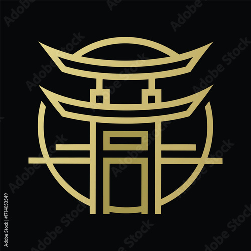 Golden japanese torii gate symbol in a circle on black background