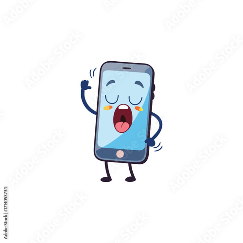 Cartoon smartphone character yawning and stretching with eyes closed