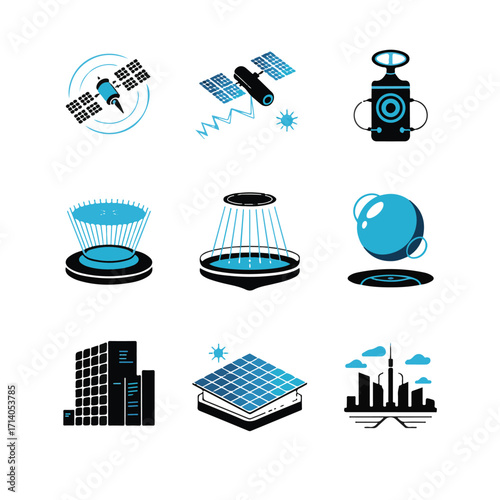 Collection of futuristic technology and innovation icons representing space exploration smart city and advanced science concepts