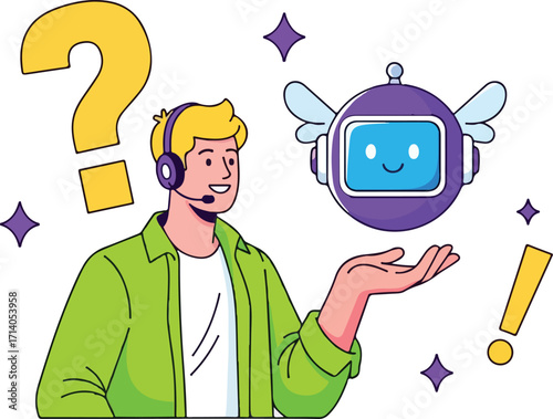 Customer service agent with robot assistant isolated on white background