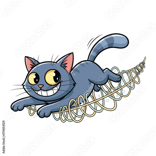 Playful Cat with a Spring: A cartoon cat, full of energy and glee, playfully interacts with a bouncy spring, conveying pure joy and lightheartedness.