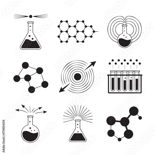 Collection of hand drawn scientific icons representing chemistry biology physics and research concepts in a grungy style