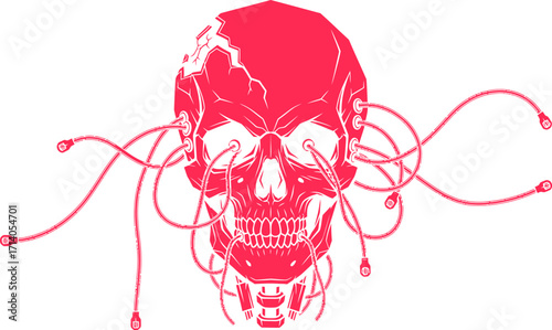 Crimson skull with visible cracks and attached cables presents a futuristic and edgy vibe against a clean white backdrop, ideal for science fiction or technology-related creative projects.