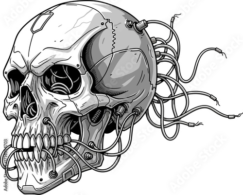 Grayscale stylized skull shows robotic features and wired connections, creating a futuristic and edgy design, suitable for science fiction or fantasy themed projects.