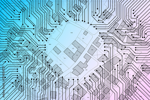 DIGITAL CITY MAP INSIDE MICROCHIP ON TECHNOLOGY BACKGROUND - Concept of smart city, urban planning, data mapping, circuit board, geospatial intelligence and digital infrastructure