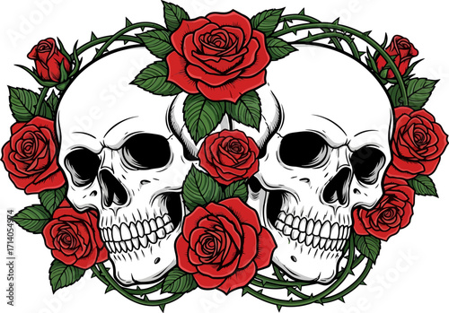 Two skeletons are encircled by vibrant red roses and thorny green vines, creating a striking contrast with a slightly gothic and artistic style ideal for edgy designs and tattoo art.