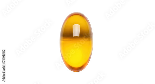 Isolated omega-3 vitamin capsule with shiny highlights in a clear soft gel casing supplement