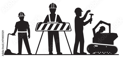 Construction Workers Silhouette Vector Set, Industrial Labor, Builder, and Engineering Team Icons