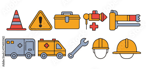Construction and Safety Equipment Vector Icons, Traffic Cone, Warning Sign, Toolbox, Ambulance, and Tools