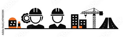 Construction Workers and Crane Silhouette Vector Set, Builder, Engineer, and Industrial Site Icons