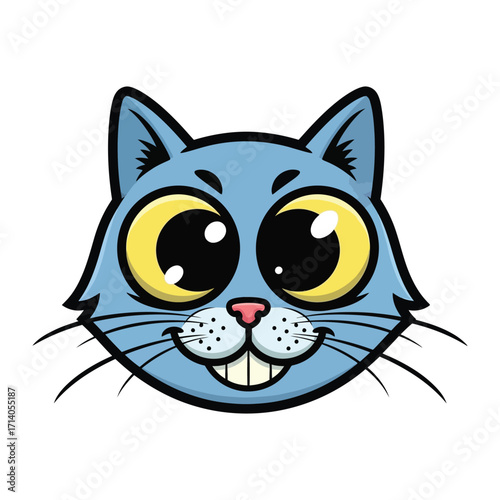 Playful Feline Delight: An illustrated cartoon cat with wide, expressive eyes and a charming smile, embodying the spirit of playful joy and happiness.
