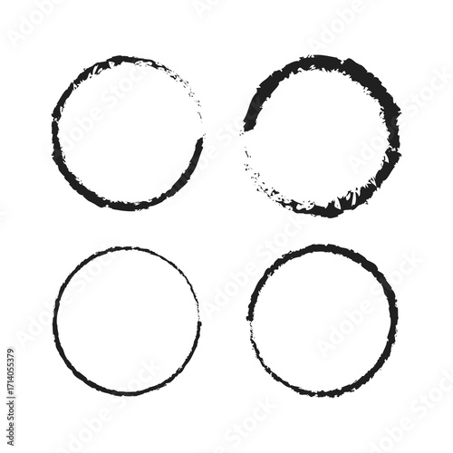 Textured Grunge Circle Outline Frame Collection Set  with Brush Lines - Isolated On White Background JPG