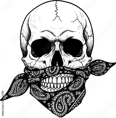 Monochrome skull with detailed, hand-drawn style wearing a patterned bandana creates a gothic and edgy mood ideal for alternative fashion or tattoo designs.