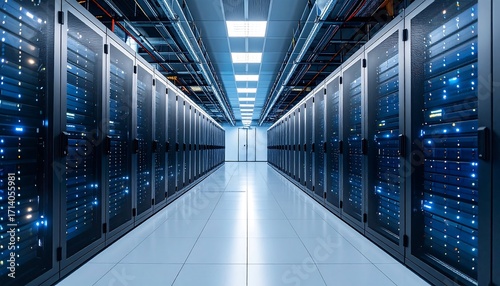 Server room interior with rows of computer cabinets