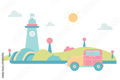Vintage car parked on a grassy hill with a lighthouse standing tall under a bright sun evoking a peaceful coastal journey