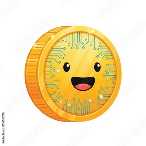 Cheerful Cryptocurrency A Smiling Coin with Circuit Patterns for Digital Finance