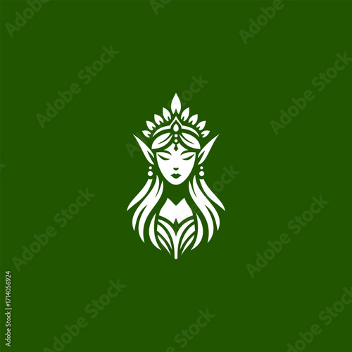 Vector illustration of a beautiful elf queen with crown, long hair, and pointed ears