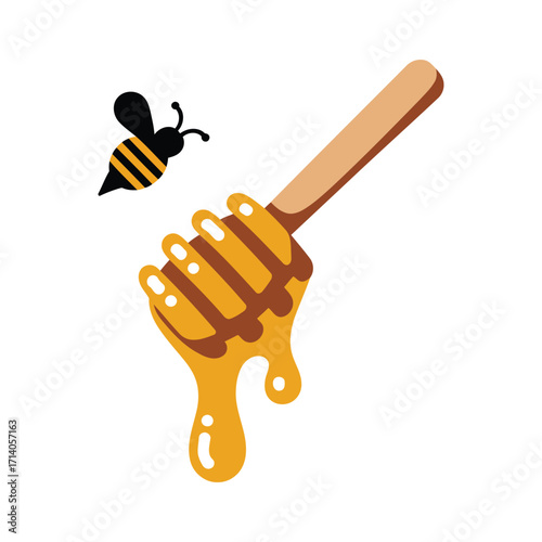 Sweet honey dripping from wooden dipper with flying bee