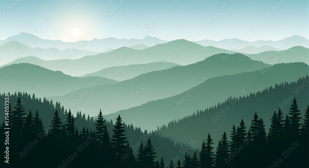 Naklejka premium Green Mountain Range with Silhouetted Forest and Rising Sun Illustration