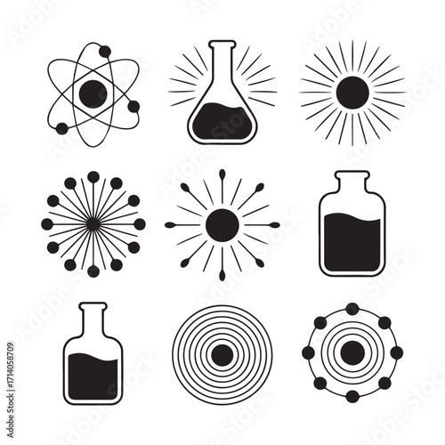 Collection of nine stylized scientific and abstract graphic icons featuring atom models laboratory flasks and radiating starbursts on a white background