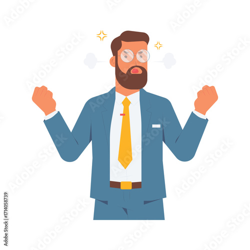 Angry frustrated businessman clenching fists with steam coming out of ears, stress, anger, burnout concept illustration