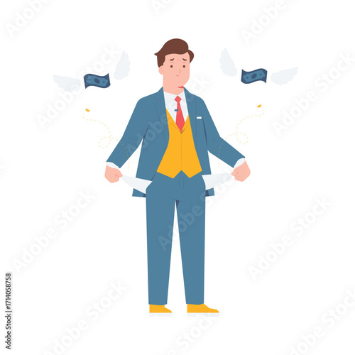 Worried poor broke businessman showing empty pockets with money flying away, financial loss, bankruptcy concept illustration