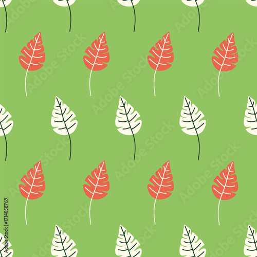 Playful seamless leaf pattern on green background