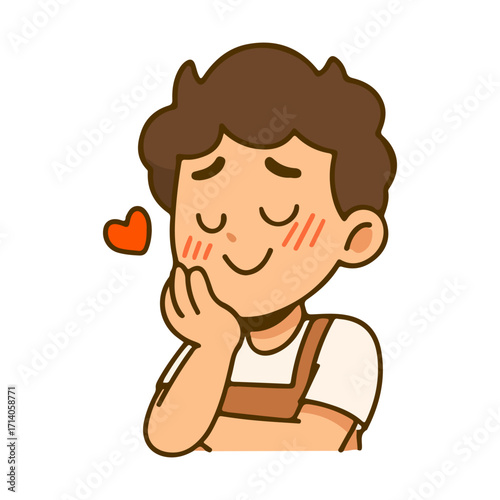 Blushing man cartoon in love with heart symbol. Cute shy character with apron romantic expression. Adorable male mascot blushing and smiling illustration.